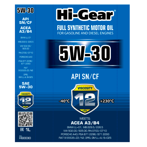 Hi-Gear 5W-30 ACEA A3/B4 API SN/CF Масло моторное синтетическое, 1 л