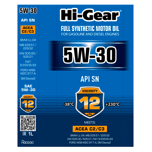 Hi-Gear 5W-30 ACEA C2/C3 API SN/CF Масло моторное синтетическое, 1 л